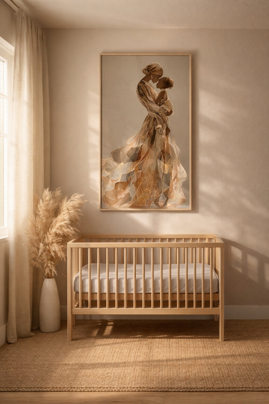 Mother and Child Afrocentric Wall Art – Neutral Gold Maternal Portrait, Black Motherhood Canvas, Elegant Family Decor