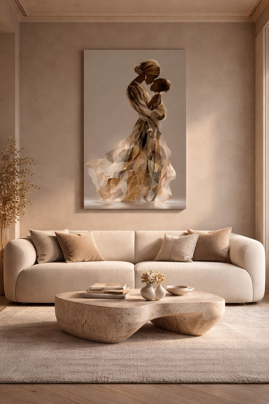 Mother and Child Afrocentric Wall Art – Neutral Gold Maternal Portrait, Black Motherhood Canvas, Elegant Family Decor