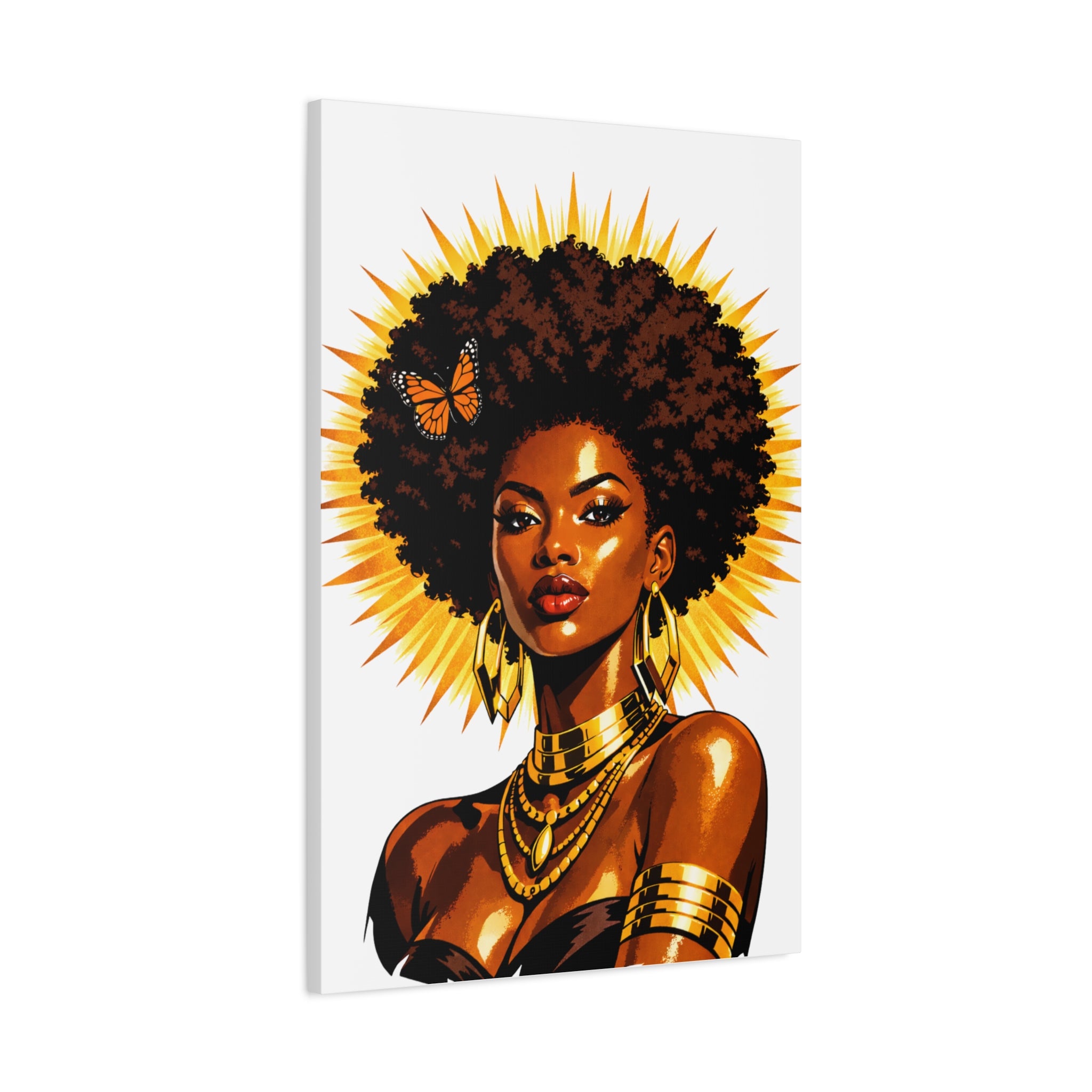 Cuadro de lona Reina Solar – Retrato de mujer afroamericana, arte de diosa de cabello natural, decoración de empoderamiento con halo dorado