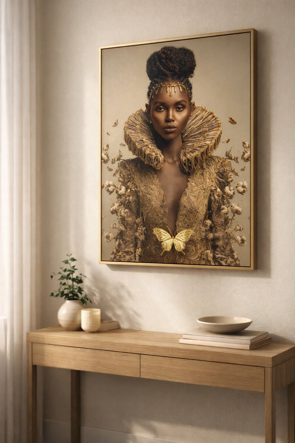 Black Queen Renaissance Canvas Wall Art – Afrocentric Butterfly Portrait, African American Woman Art, Luxury Melanin Queen Decor