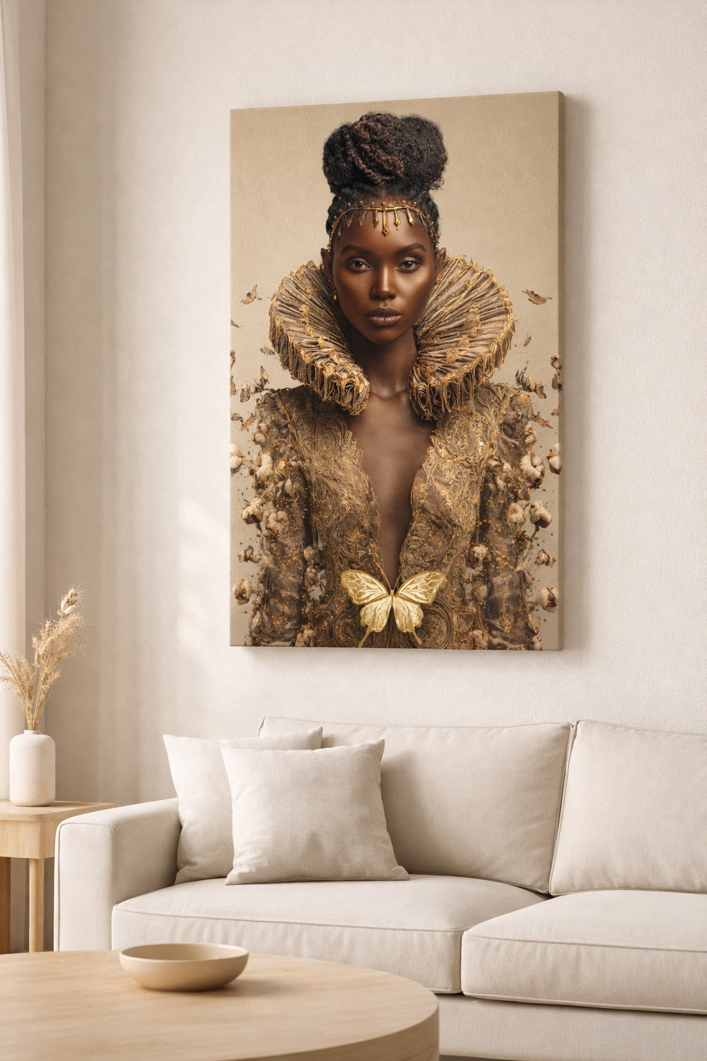 Black Queen Renaissance Canvas Wall Art – Afrocentric Butterfly Portrait, African American Woman Art, Luxury Melanin Queen Decor
