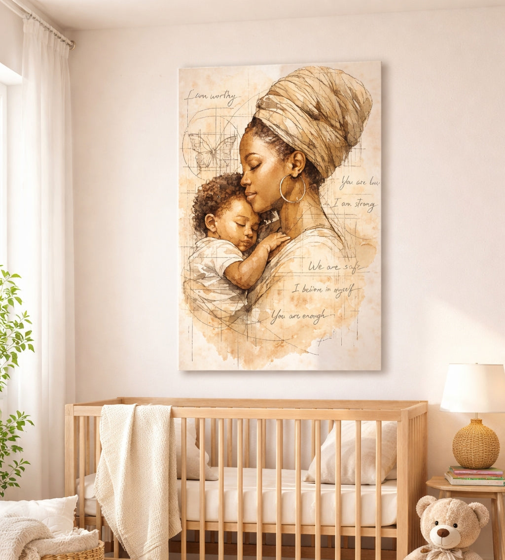 Motherhood Wall Art – Mother and Child Sketch Print, Afrocentric Affirmation Decor, Black Motherhood Minimalist Art