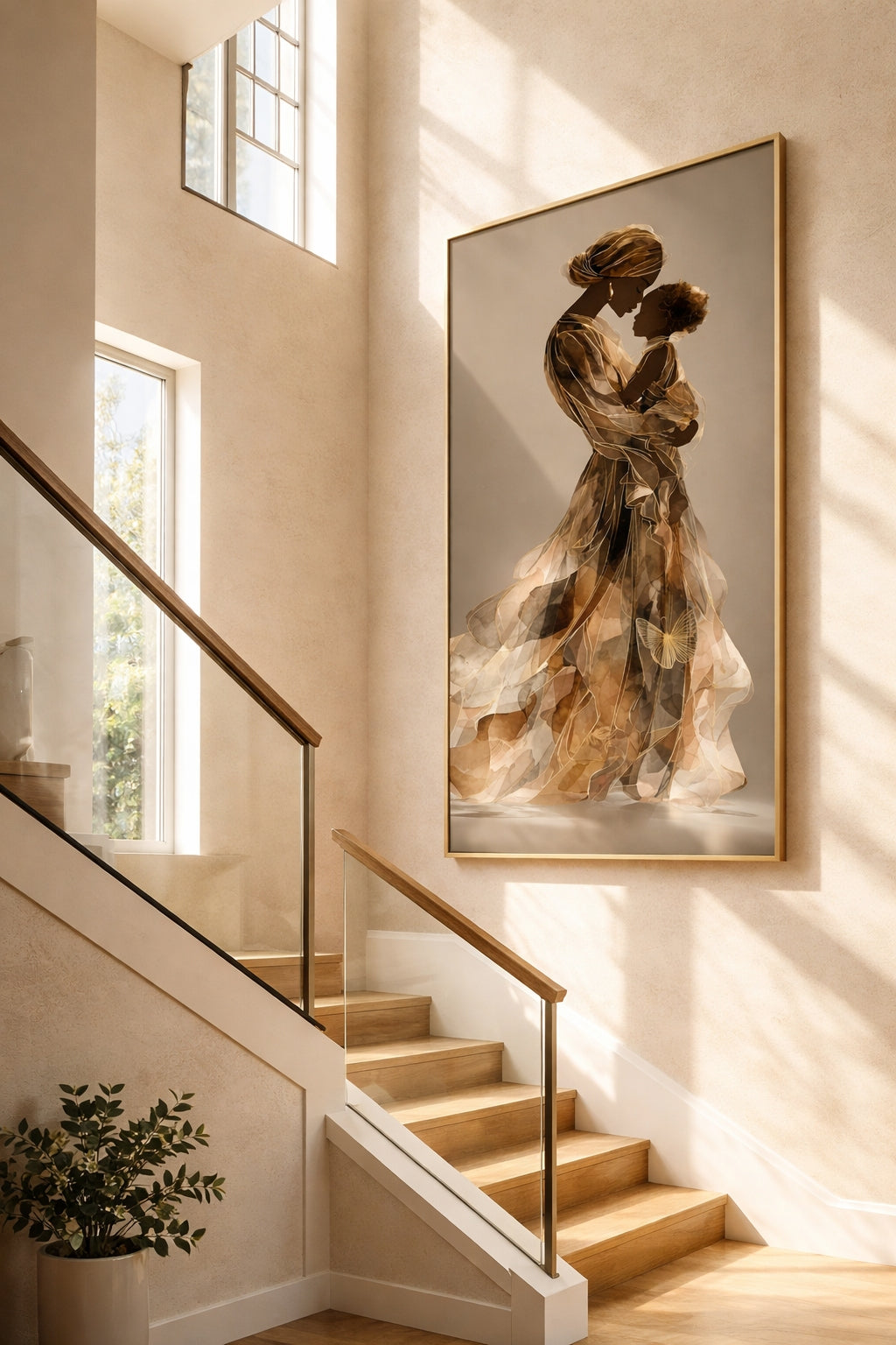 Lámina artística Madre e Hija, Retrato Materno Afrocentrista, Decoración en Tonos Neutros y Dorados