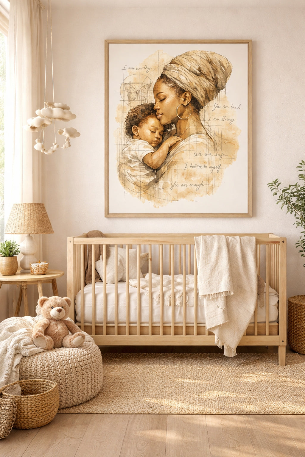 Motherhood Wall Art – Mother and Child Sketch Print, Afrocentric Affirmation Decor, Black Motherhood Minimalist Art