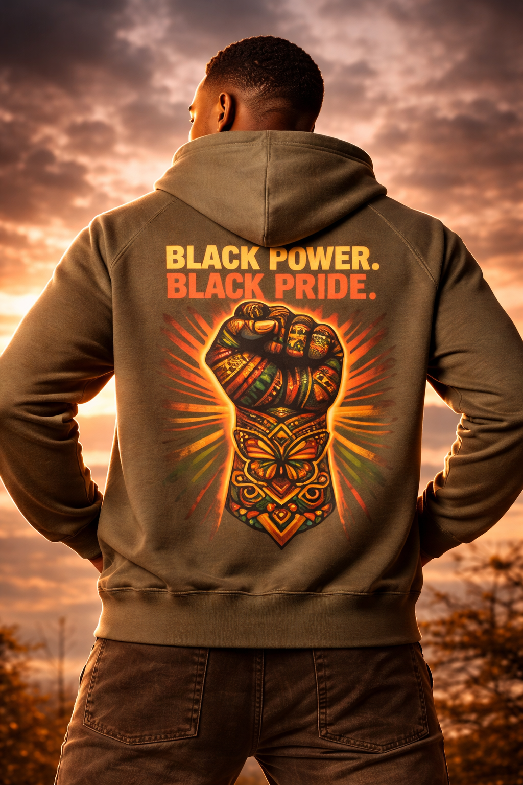Person wearing a hoodie with 'Black Power. Black Pride.' text and fist design against a sunset sky.