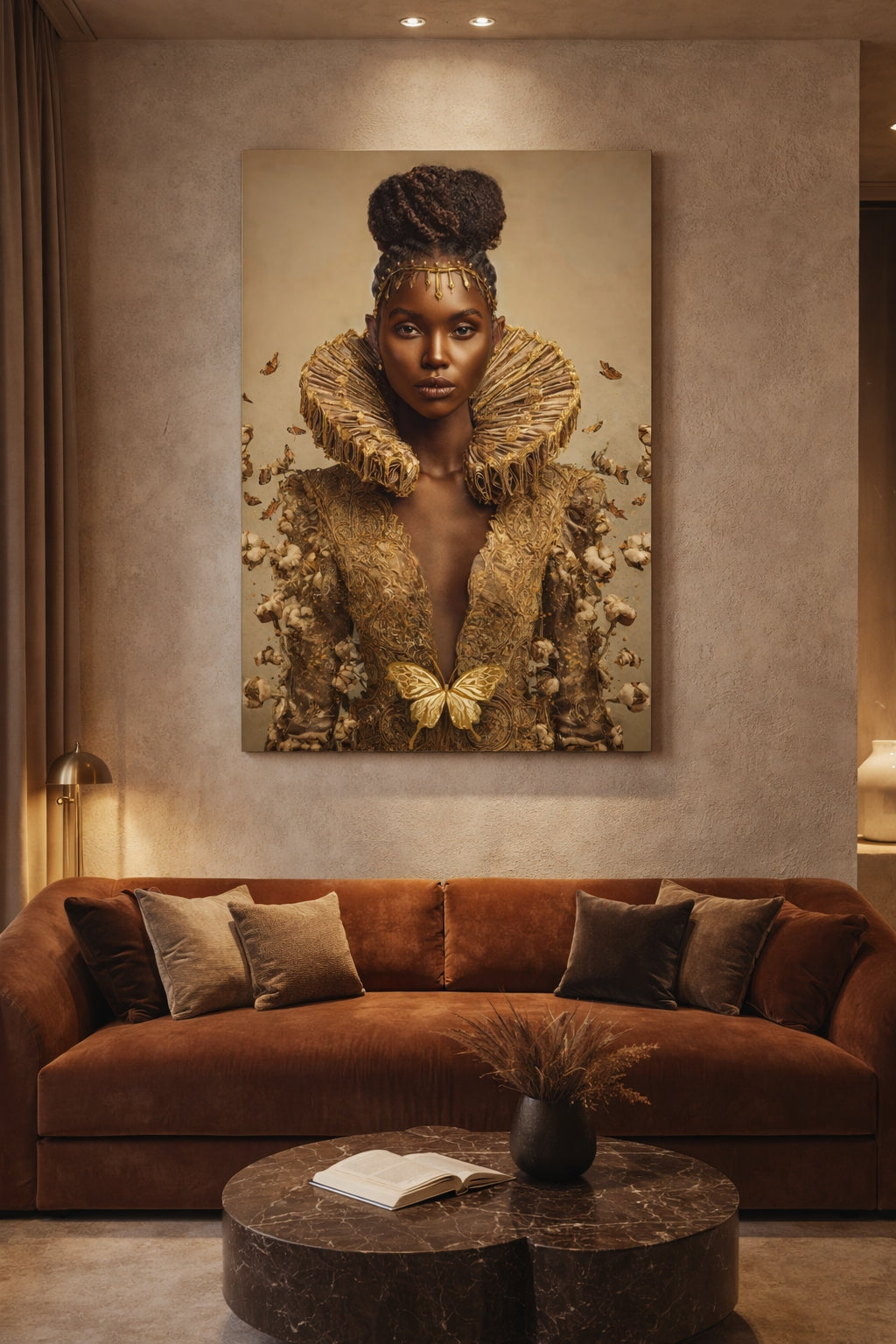 Sofa with decorative painting of a woman on the wall in a stylish room.