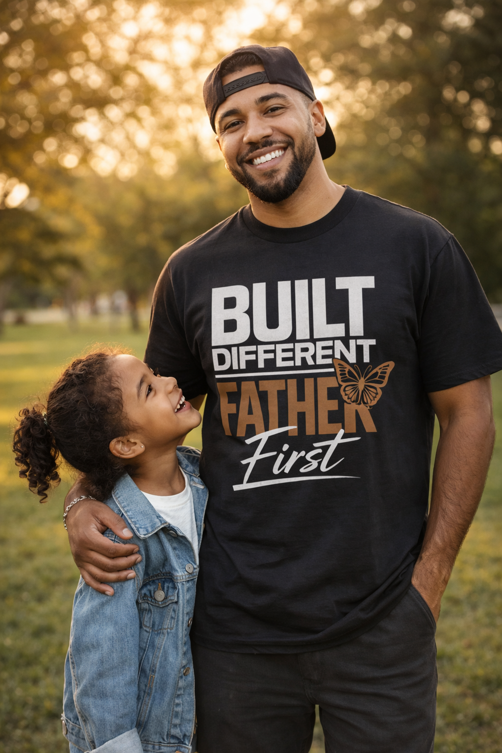 Man and child standing together in a park with the man wearing a black t-shirt with text.