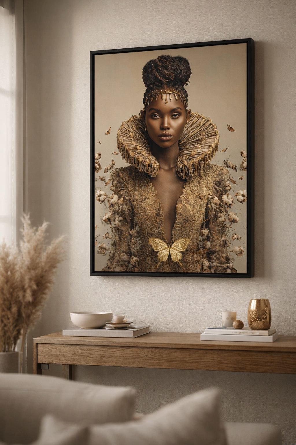 Black Queen Renaissance Canvas Wall Art – Afrocentric Butterfly Portrait, African American Woman Art, Luxury Melanin Queen Decor