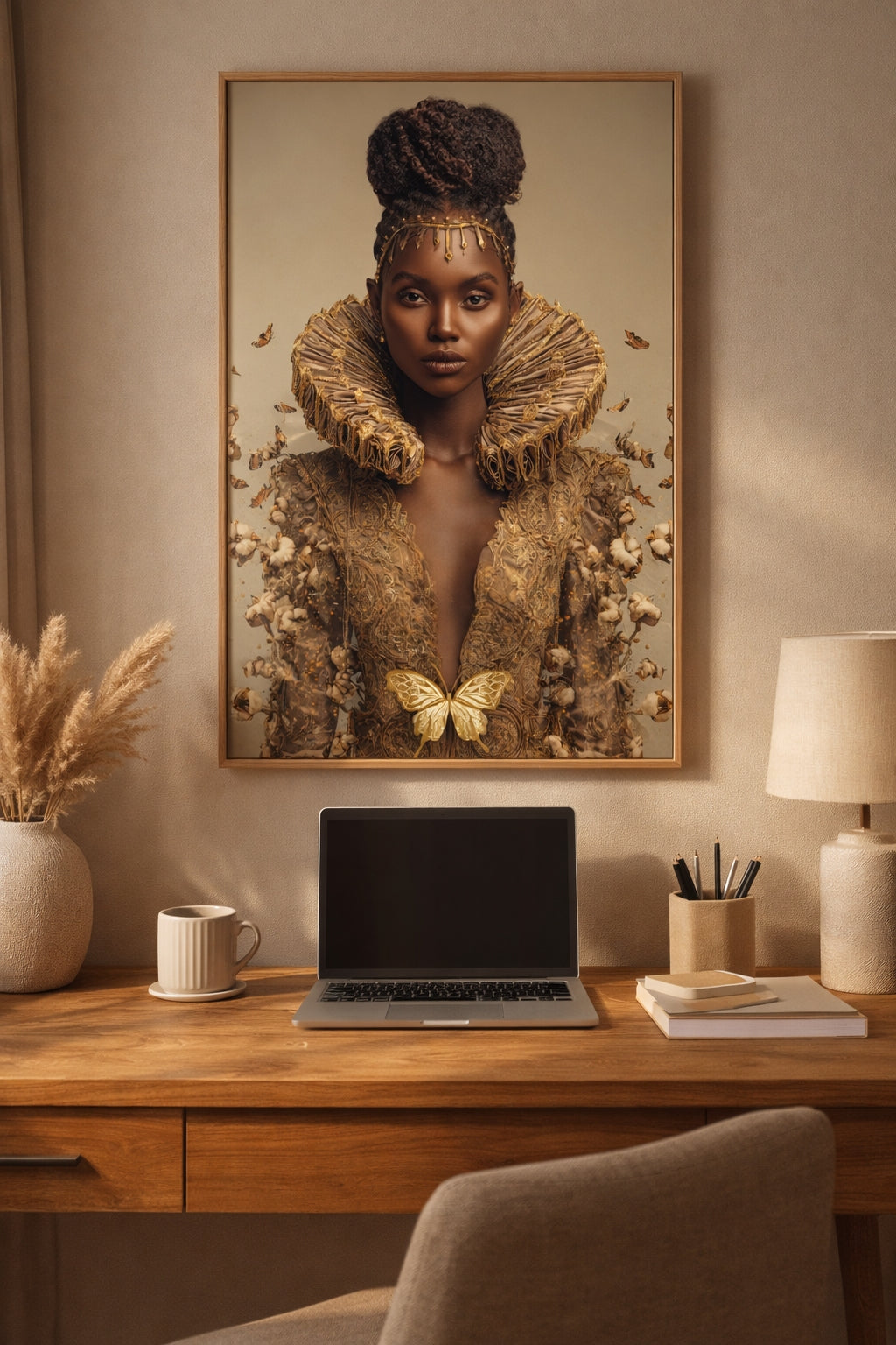 Black Queen Renaissance Canvas Wall Art – Afrocentric Butterfly Portrait, African American Woman Art, Luxury Melanin Queen Decor