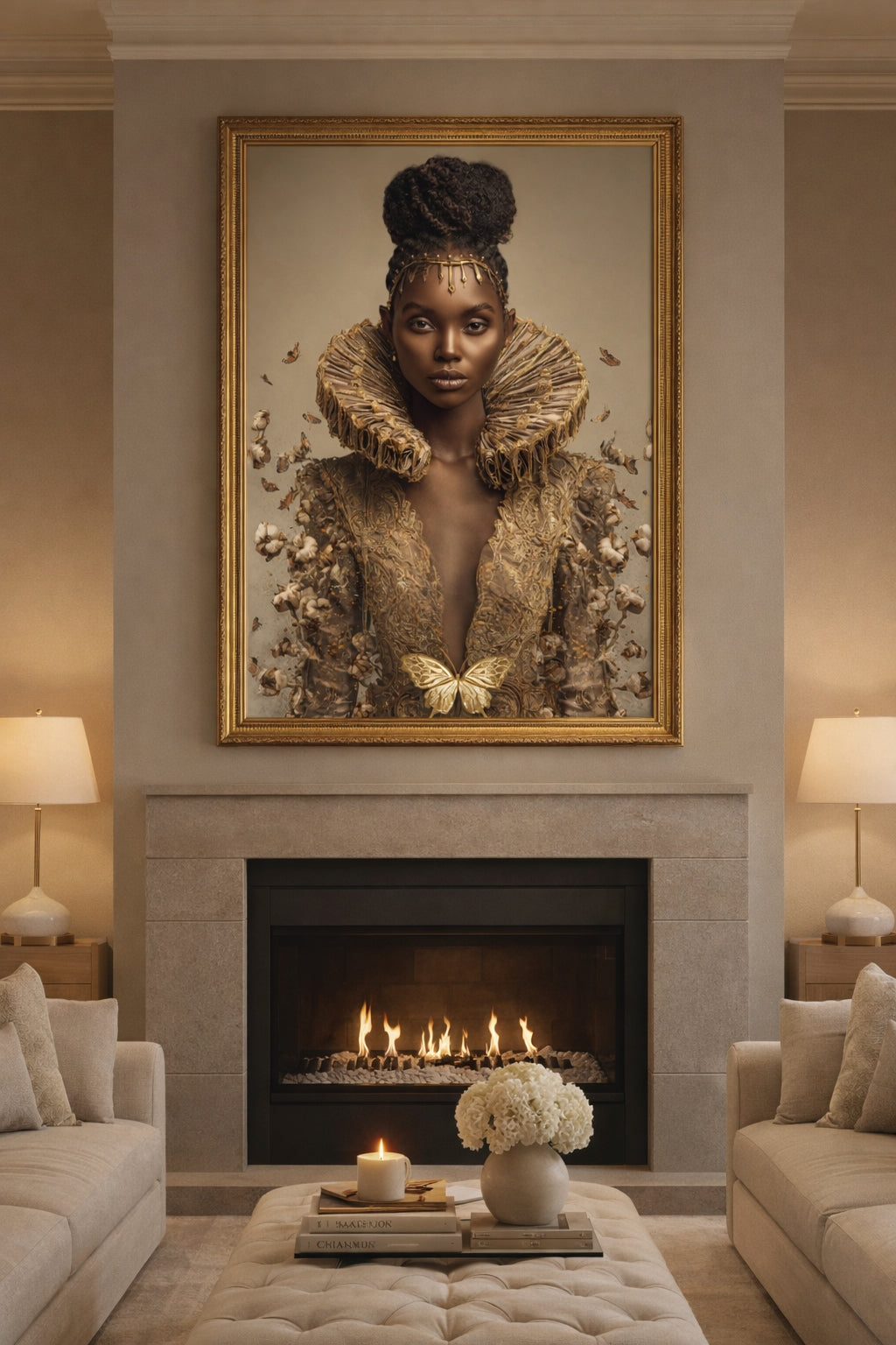 Black Queen Renaissance Canvas Wall Art – Afrocentric Butterfly Portrait, African American Woman Art, Luxury Melanin Queen Decor