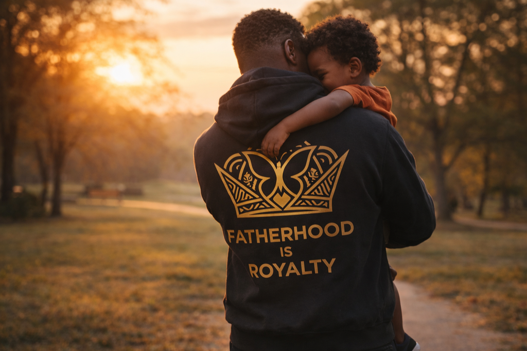 Man and child embracing in a park with 'Fatherhood is Royalty' hoodie