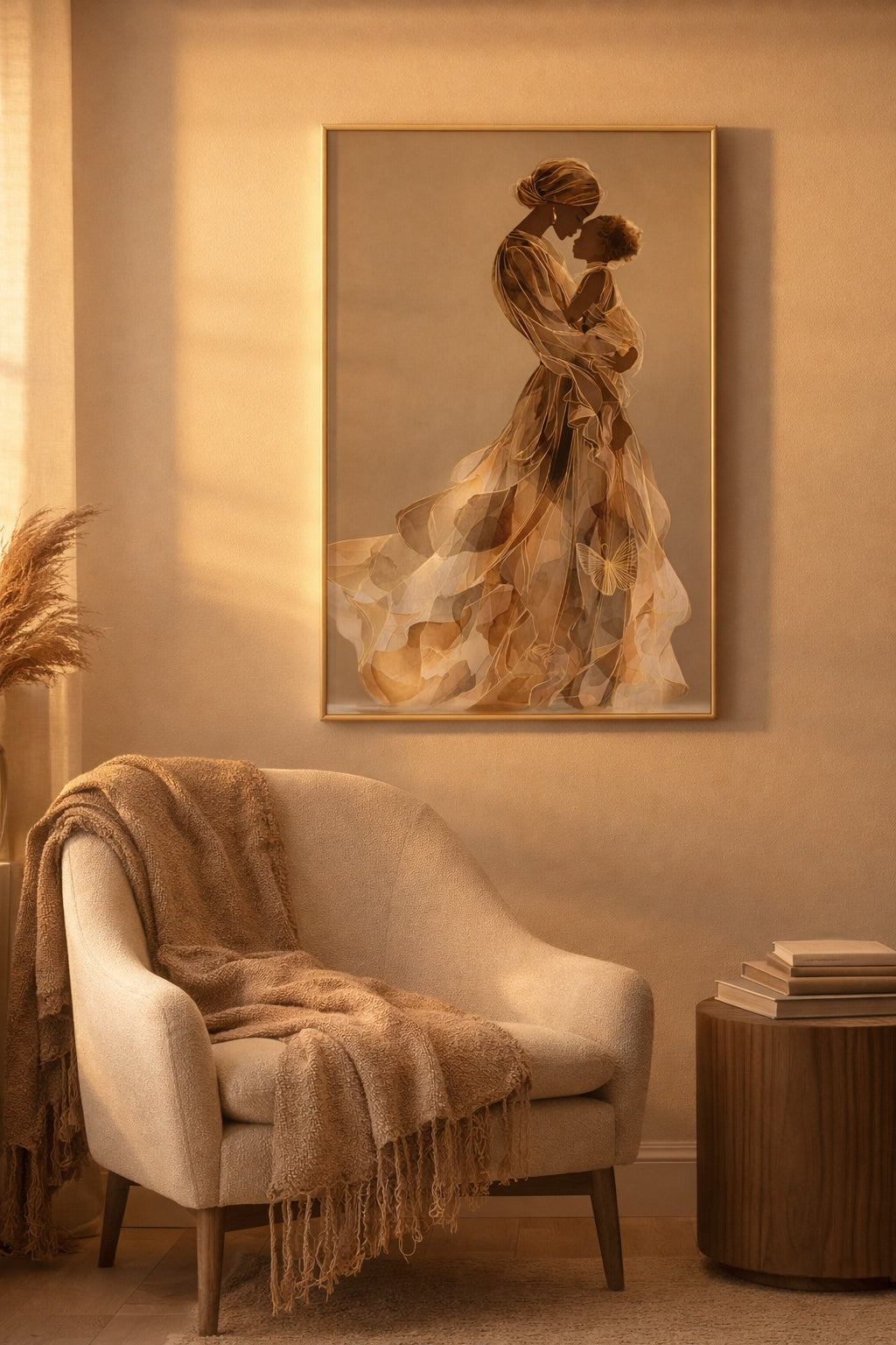 Beige armchair with a blanket and a framed artwork of a woman in a flowing dress on a beige wall.