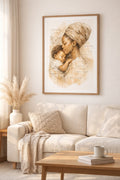 Framed artwork of a mother and child on a wall above a beige sofa in a living room.