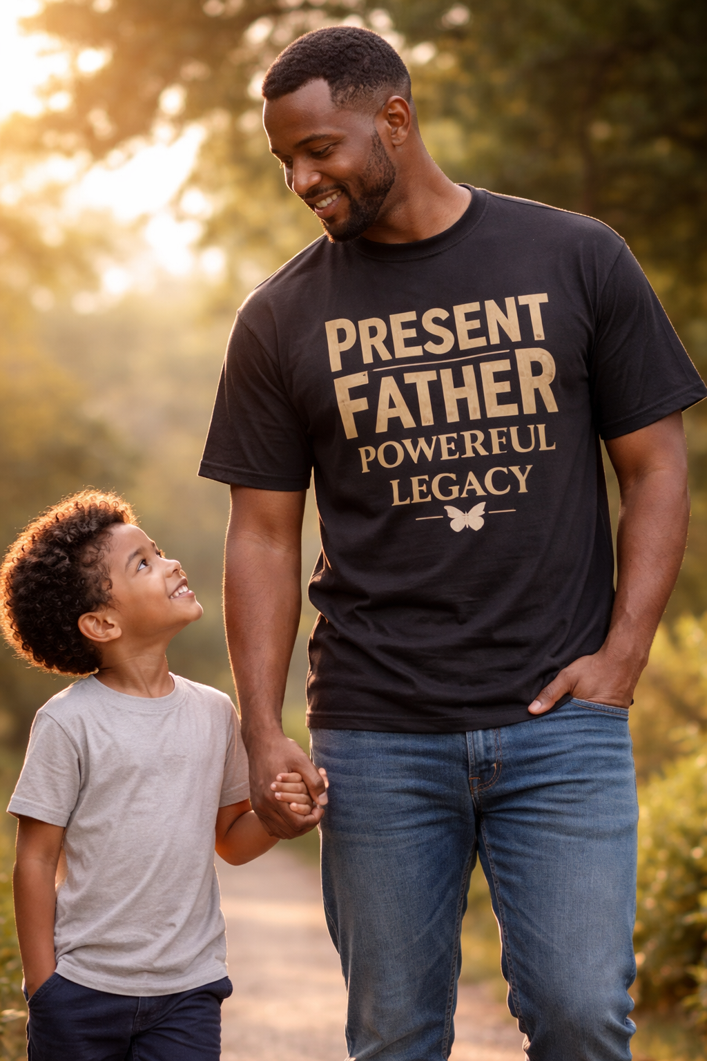 Man and child standing outdoors with man wearing a 'Present Father Powerful Legacy' t-shirt.