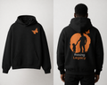 Black hoodie with orange butterfly design on the front and 'Raising Legacy' graphic on the back, worn by a person.