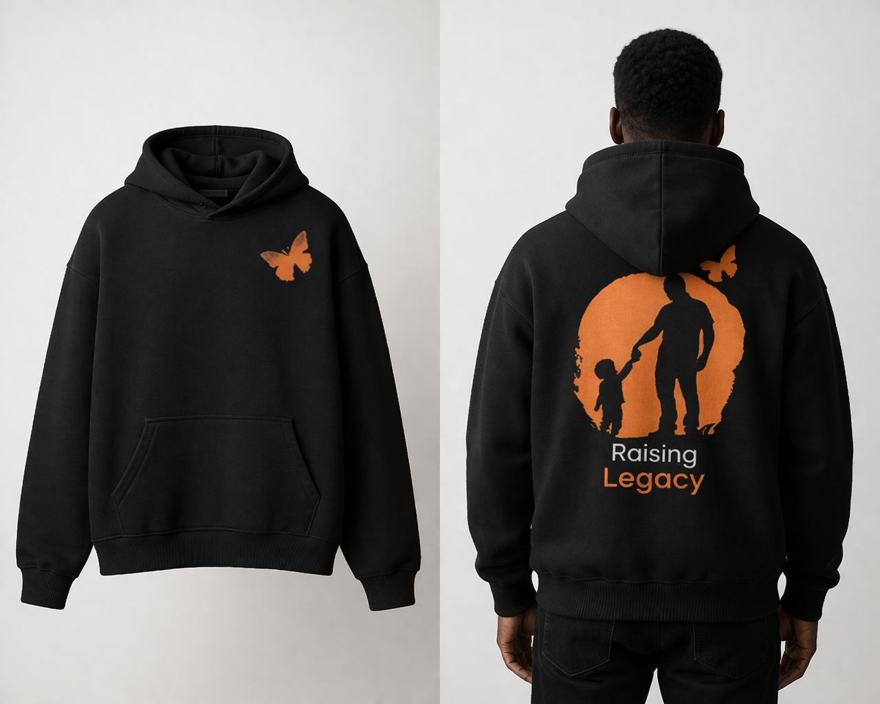 Black hoodie with orange butterfly design on the front and 'Raising Legacy' graphic on the back, worn by a person.