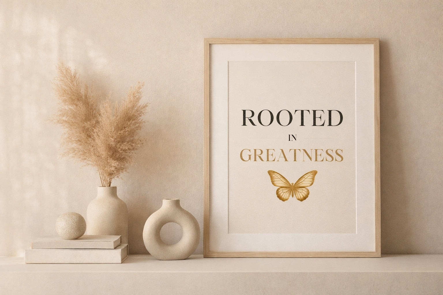 Framed artwork with 'Rooted in Greatness' text and butterfly illustration on a neutral wall.