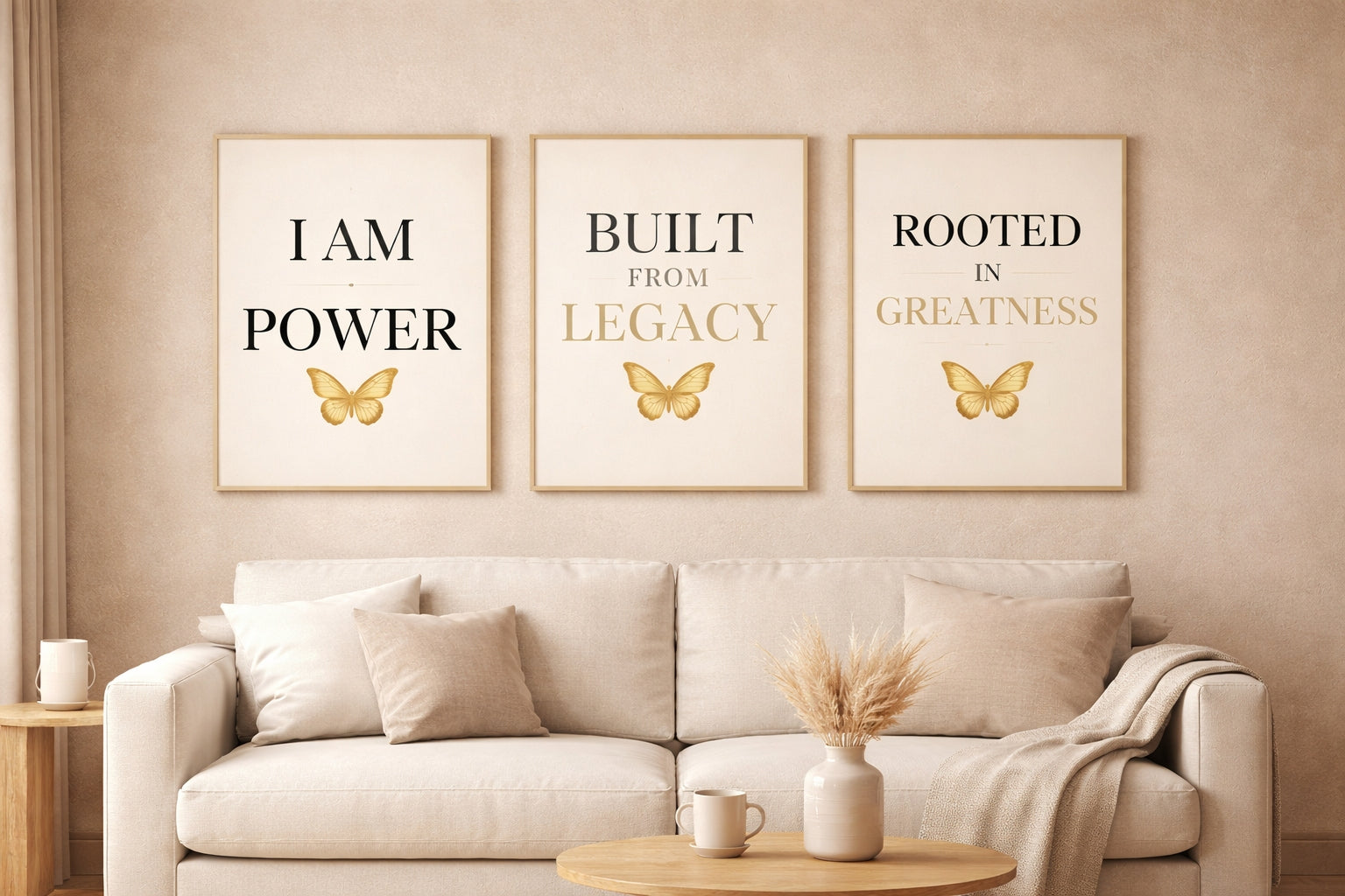 Three framed motivational posters above a beige sofa in a living room.